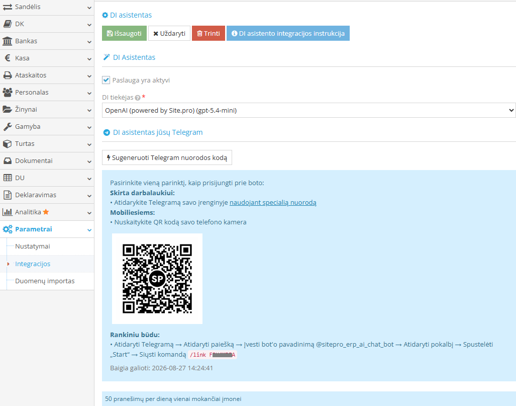 Telegram link activation window